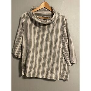Bryn Walker Tunic Womens Large Gray Stripe Linen Cowl Neck 3/4 Sleeve Lagenlook